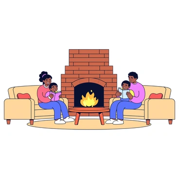 A warm living room with a brown brick fireplace that has a crackling fire inside. The room features two comfortable beige couches positioned in a U-shape around a round wooden coffee table. A family of four is seated on the couches, with two children cuddled up with a colorful storybook. The parents are sitting close together, looking at the children with smiles. Soft lighting fills the room, enhancing the cozy atmosphere, while a few decorative cushions are scattered on the couches. A plush rug is laid out on the wooden floor beneath the coffee table.