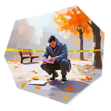 A detective with medium skin tone and short black hair is kneeling at a cordoned-off crime scene in a park. He is wearing a dark trench coat and holding a notepad in one hand while examining the ground closely. Around him are yellow police tape markers clearly indicating the restricted area. In the background, there are scattered fallen leaves and a park bench partially visible, surrounded by trees displaying autumn colors. The sky above is overcast, adding a somber mood to the scene.