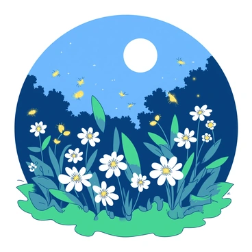 A garden is illuminated by the moonlight, casting a soft glow over the entire scene. Various flowers are blooming with an ethereal light, their petals shining in shades of white and yellow. Among the flowers, numerous fireflies are fluttering, their tiny bodies glowing softly as they dance through the air. The moon hangs high in the sky, its bright light reflecting off the leaves and creating a magical atmosphere in the garden. The ground is adorned with lush green grass, providing a rich contrast to the illuminated flowers.
