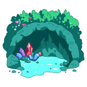 A sparkling crystal cave hidden within the forest, with light refracting through colorful gems.