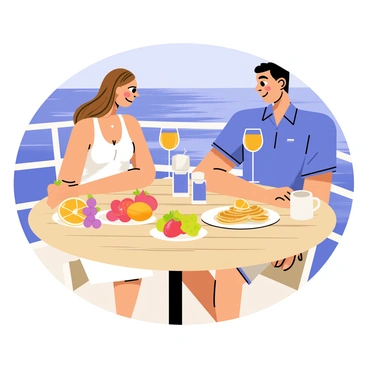 A couple sitting at a round wooden table on the deck of a yacht. The woman has long brown hair and is wearing a white sundress, while the man has short black hair and is dressed in a blue polo shirt and khaki shorts. In front of them is a breakfast spread that includes a colorful assortment of fruits like sliced oranges, strawberries, and grapes, as well as a plate of golden-brown pancakes topped with syrup. There are two glasses of orange juice and a steaming pot of coffee on the table. The blue sea glistens in the background under a clear sky.