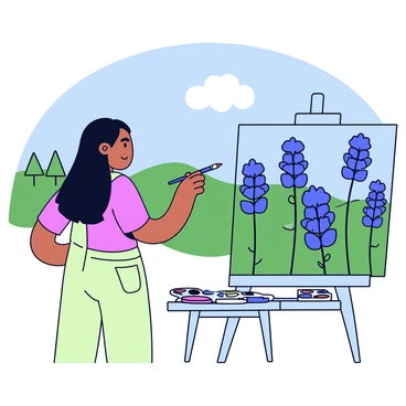 An artist with long dark hair is standing outside, painting a landscape of bluebonnets on a canvas. The artist is wearing a light green apron and is holding a paintbrush in one hand. The canvas displays vibrant bluebonnets in various shades of blue and purple, set against a clear sky with a few fluffy white clouds. The artist's palette, filled with different colors, is resting on a small easel beside them. In the background, there are rolling green hills and distant trees.