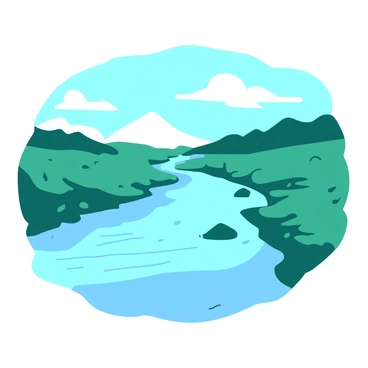 A teal river flows smoothly, reflecting the blue clear skies above. Gentle ripples break the surface, creating a soft texture in the water. The banks of the river are lined with lush green grass, adding depth to the scene. A few small rocks are scattered near the water’s edge, enhancing the natural setting.