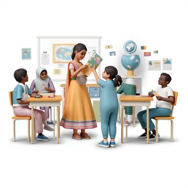 A vibrant classroom filled with students from diverse cultural backgrounds. In the center, a girl wearing a traditional Indian dress, embellished with intricate patterns and bright colors, is sharing a story with her classmates. Beside her, a boy in a blue shirt and jeans holds up a handmade craft from his Hispanic heritage. A girl in a hijab is sitting at a desk, listening intently while taking notes, and a boy in a kilt sits nearby, proudly displaying his own cultural symbols. The walls are adorned with a variety of maps and flags representing different countries, and a large globe sits prominently on a shelf in the background.