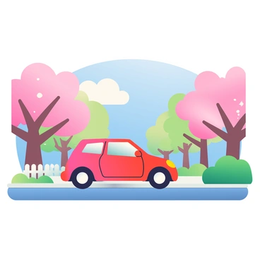 A car parked in a quiet suburban neighborhood street with blooming cherry blossom trees