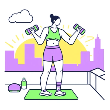 A person is exercising on a rooftop during sunset. They are holding a pair of dumbbells in both hands, with their arms slightly bent as they perform a bicep curl. The person is dressed in athletic wear, consisting of a fitted tank top and shorts. Their hair is tied back, and they have an energetic expression. In the background, the sun is setting, casting vibrant silhouettes of nearby buildings against the sky. The rooftop is equipped with a yoga mat, and a water bottle is placed nearby.