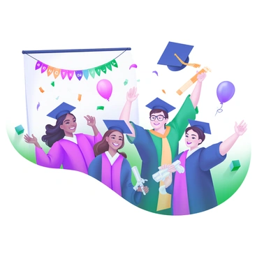 A group of students celebrating their graduation, each wearing a cap and gown in various shades. The scene showcases a diverse group of individuals, with some holding diplomas and others throwing their caps into the air. There are balloons and confetti surrounding them, contributing to the festive atmosphere. The backdrop features a banner that reads "Congratulations Graduates" in vibrant colors. The students are smiling and engaging with each other, embodying joy and accomplishment.