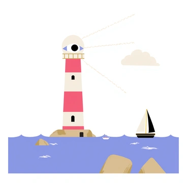 A tall lighthouse with a white and red striped exterior stands on a rocky coastline. At the top of the lighthouse are two large, cartoonish eyes that are wide open, creating a whimsical appearance. The eyes are looking out towards the sea, observing the ships that pass by. The ocean is a bright blue, with a few small boats sailing in the distance. Light beams from the lighthouse illuminate the water, creating a playful atmosphere. The sky is clear with a few fluffy white clouds scattered above.