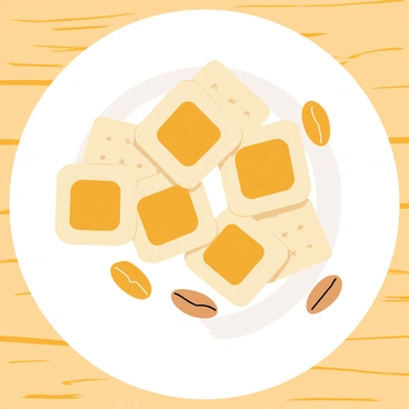 A white plate is filled with a neat arrangement of square crunchy crackers. Each cracker is generously topped with a smooth dollop of creamy peanut butter. The peanut butter is a rich golden-brown color, contrasting nicely with the light beige of the crackers. The plate is set on a light wooden table, adding warmth to the scene. A few scattered peanuts are placed around the edge of the plate for an added decorative touch.