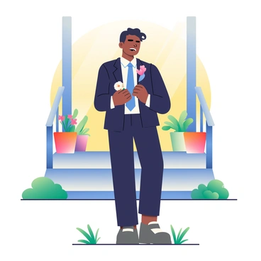 A teenager with medium brown skin is standing nervously on a wooden porch. They are wearing a black suit and a white shirt, with a blue tie. In their hands, they are holding a delicate white corsage adorned with small pink flowers. The porch is surrounded by green grass and colorful flower pots, adding a vibrant touch to the scene. The teenager's hair is styled neatly, and their expression shows a mix of excitement and anxiety as they glance around, awaiting the arrival of their prom date. The sun is setting in the background, casting a warm glow over the scene.