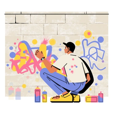 A man crouched in front of a concrete city wall, focused on creating street art. He is wearing a black cap and a paint-splattered shirt. The wall is covered in vibrant, colorful graffiti featuring various designs and patterns. Sprays of bright red, blue, and yellow paint are scattered around him, along with a few paint cans. The sun casts shadows, highlighting the textures of the wall and the intricate details of the graffiti.