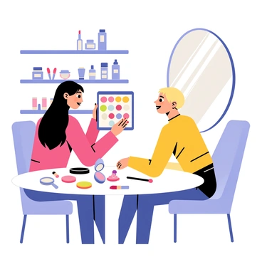 A beauty consultant with long dark hair is sitting at a round glass table. She is facing a client who has short blonde hair. The consultant is holding a tablet that displays colorful makeup options, including lipsticks, eyeshadows, and blushes. The client is attentively looking at the tablet, considering the selections. Surrounding them are various beauty products like brushes, skincare items, and compact mirrors. The background features shelves filled with beauty products and a large mirror reflecting the scene.