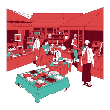 A red vintage market is filled with various shoppers browsing through eclectic stalls. Each stall is adorned with colorful fabrics and unique vintage items, including antique furniture, old books, and handcrafted jewelry. The shoppers are a diverse group, with some examining products while others engage in conversations. In the foreground, a teal stall displays an array of vibrant clothing and accessories, drawing the attention of passersby. The atmosphere is lively, with people moving about, creating a sense of energy and excitement in the scene.