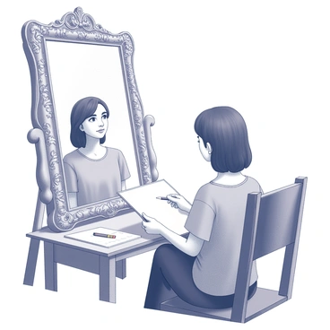 An artist is seated on a wooden chair, facing a large, ornate mirror. The mirror features intricate carvings along its frame, showcasing floral patterns and swirling designs. The artist is holding a sketchpad, with a pencil poised in their hand, capturing the details of their reflection. The artist has medium-length hair and wears a simple shirt. Their gaze is focused on the mirror, where their own image can be seen, revealing a thoughtful expression. The surrounding area includes art supplies scattered on a nearby table and soft light illuminating the scene.