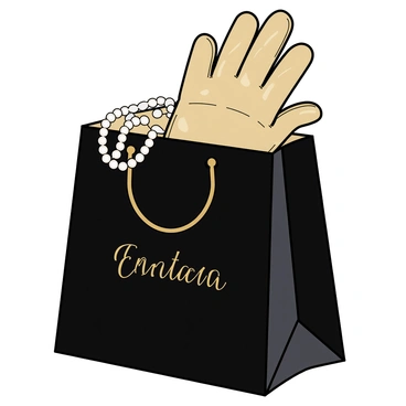 A sophisticated shopping bag made of glossy black paper with sleek rope handles. The bag is adorned with a stylish logo embossed in gold. Nestled inside the bag are a pair of elegant evening gloves made of shimmering satin, showcasing intricate stitching along the edges. Resting atop the gloves is a delicate strand of pearls, with each pearl glistening in soft light. The scene captures the glamour of luxury accessories, inviting admiration.