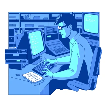 A blue lab technician wearing glasses is sitting at a desk surrounded by several old DOS-based computers. The technician is focused on a monitor displaying lines of code. On the desk, there are stacks of old floppy disks and a small white notebook filled with handwritten notes. The room is filled with shelves containing computer parts and vintage technology. The technician has a look of concentration as they type commands on a classic keyboard, with a faint glow from the computer screens illuminating the workspace.
