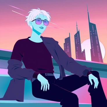 A young man named Gojo Satoru is seated comfortably on a futuristic rooftop, his white hair tousled by a gentle breeze. He wears stylish sunglasses that reflect the vibrant hues of the sunset. His casual outfit consists of a loose-fitting black shirt and matching pants, perfectly complemented by a slick jacket draped over one shoulder. The sky is painted with shades of orange, pink, and purple as the sun dips below the horizon, casting a warm glow around him. In the background, the silhouettes of futuristic skyscrapers rise against the stunning sunset, adding depth to the scene. Gojo gazes out at the view, a relaxed smile on his face, embodying a moment of peaceful solitude.