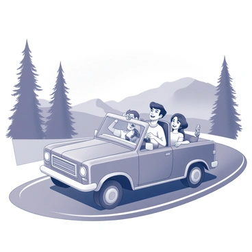 A car is driving down a winding road, surrounded by diverse scenic landscapes. Inside the car, three friends are seated, with one of them at the wheel, smiling and focused on the road ahead. Another friend is leaning back in their seat, arms resting on the window frame, while the third friend is taking a photo with a camera, capturing the moment. The car's interior shows road trip essentials like snacks and a map on the dashboard. Through the windows, tall trees and rolling hills can be seen, creating a lively atmosphere of adventure and enjoyment.