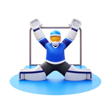 A hockey goalie in full gear is performing yoga stretches on a smooth ice rink. The goalie wears a protective helmet, chest protector, and pads, all in bright colors. The goalie is in a deep lunge position, with one knee on the ice and the other leg extended forward. The goalie’s arms are raised above their head, reaching for balance. The background features the markings of a hockey rink, with goal posts visible at either end. Light reflects off the ice surface, creating a bright and crisp atmosphere.