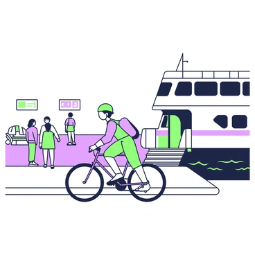 A cyclist is approaching a ferry at the terminal, carrying a bike. The cyclist is wearing a helmet and bright clothing, with a backpack slung over one shoulder. The ferry is large, with visible windows and a ramp leading to the entrance. In the background, there are other passengers waiting on the terminal, some looking at the cyclist. The terminal is equipped with signs indicating the ferry schedule, and there are benches along the side. The scene captures a busy moment as the cyclist prepares to board the ferry.