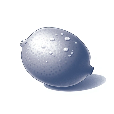 A lime resting on a simple surface. The lime is round and has a textured skin with distinct dimples. There are droplets of water on its surface, reflecting light and adding detail to its appearance. The lime is positioned slightly off-center to create a dynamic composition.