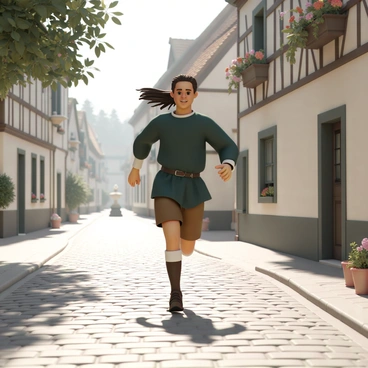 A runner, wearing a historical outfit that includes a dark green tunic, brown breeches, and sturdy leather boots, is sprinting energetically through a quaint old town. The town features narrow cobblestone streets lined with charming, timber-framed houses adorned with colorful flower boxes. Sunlight filters through the leaves of nearby trees, casting dappled shadows on the ground. The runner's long hair flows behind them as they move, and a look of determination is evident on their face. In the background, a small fountain can be seen, adding to the town's picturesque atmosphere.