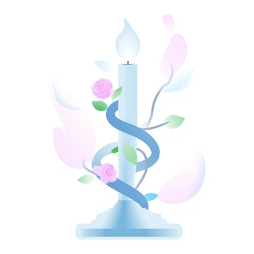 A decorative candleholder sits prominently in the center of the image. The candleholder is made of polished metal, reflecting light. It is wrapped with intricate rose vine details that gracefully intertwine around its body. Soft, elegant roses bloom at intervals along the vines, showcasing delicate petals. The background features a subtle gradient of pastel colors that enhances the overall soft aesthetic of the scene.