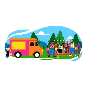 A colorful food truck with a large menu board prominently displayed on its side. The truck is parked next to a small wooden stage adorned with string lights. On the stage, a band consisting of a guitarist, a drummer, and a vocalist is energetically playing music. The crowd in front of the stage includes a diverse group of people enjoying the performance, some dancing and others holding drinks. The background features trees and a clear blue sky, enhancing the vibrant outdoor atmosphere.