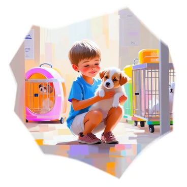 A young child with light brown hair, wearing a bright blue t-shirt, is kneeling on the floor of a pet shelter, holding a small, fluffy puppy in their arms. The puppy has golden fur and big, expressive brown eyes, looking curiously at its new owner. Around them, there are colorful pet cages with various animals visible, creating a lively backdrop. The walls of the shelter are painted in soft pastel colors, and there are posters about pet adoption on the walls. The child’s face radiates joy and excitement as they gently pet the puppy.