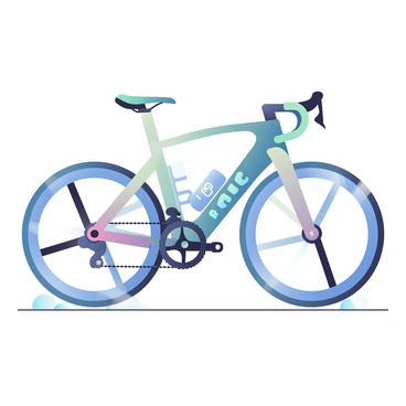 A close-up view of a high-tech triathlon bike is presented, showcasing its futuristic design features. The frame of the bike is sleek and aerodynamic, constructed from a lightweight composite material that has a glossy finish. The handlebars are integrated into the frame, featuring a digital display with glowing blue elements that indicate speed and distance. The tires are narrow and have a unique tread pattern designed for optimal performance on various surfaces. The bike's seat is ergonomically shaped with a cushioned surface, and there are advanced gear shifting mechanisms visible on the frame. Reflections of light create a dynamic effect across the bike's surfaces, emphasizing its modern aesthetics.