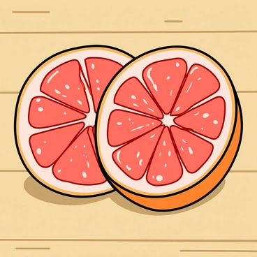 A bright pink grapefruit cut in half, revealing its juicy, vibrant interior filled with glistening, translucent segments. The cut edges of the grapefruit showcase a slightly rough texture. Each half has droplets of juice beading across the surface, catching the sunlight and reflecting tiny sparkles. The grapefruit is placed on a light wooden surface, enhancing the freshness of the fruit. The sunlight casts soft shadows, adding depth to the scene.
