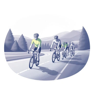 A cycling trainer is guiding a group of cyclists along a winding country road. The trainer is in the front, wearing a helmet and a bright cycling jersey. The cyclists follow closely behind, each on their own bicycle, wearing appropriate cycling gear. The road is lined with trees and rolling hills in the background, creating a sense of depth and perspective. The sky above is clear, and the sun shines down, emphasizing the outdoor setting. The cyclists exhibit various postures and expressions, showing determination and focus as they ride together.