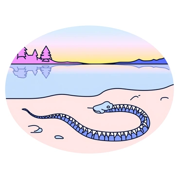 A snake skeleton positioned horizontally on the soft, sandy ground near a lakeside. The bones are arranged in a natural pose, with the vertebrae clearly visible. The surface of the lake reflects the soft colors of the sunrise, with shades of orange, pink, and light blue blending in the water. The gentle waves create a smooth surface, and there are a few scattered pebbles near the water's edge. In the background, delicate silhouettes of trees can be seen, their outlines softened by the early morning light.