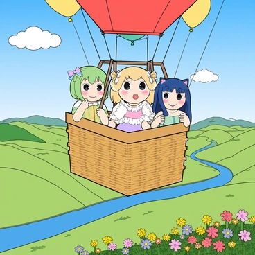A kawaii anime girl with large, sparkling eyes and colorful hair tied into pigtails. She is wearing a frilly, pastel-colored dress with bows and has a cheerful expression. Beside her, two friends are enjoying the ride; one has short green hair and is dressed in a playful outfit with cat ears, while the other has long blue hair and wears a cute sundress adorned with flowers. They are all sitting in a wicker hot air balloon basket, with colorful balloons above them. Below, a sprawling scenic landscape features rolling hills of green grass, vibrant wildflowers in various colors, and a winding river that glistens under the sun's rays. Fluffy white clouds drift lazily in the bright blue sky, adding to the cheerful atmosphere.
