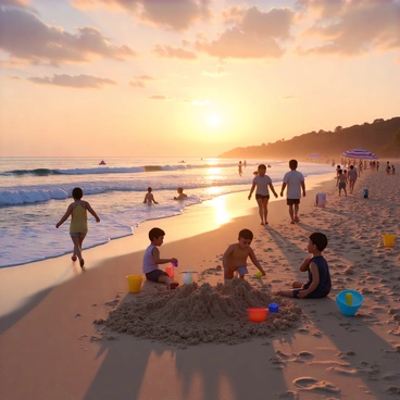A tranquil beach scene during sunset, featuring soft waves lapping at the shore. The sky is filled with hues of orange, pink, and purple as the sun dips below the horizon. There are several people walking along the shore, some holding hands and others carrying beach towels. In the foreground, children are playing in the sand, building intricate sandcastles with buckets and shovels. Nearby, colorful beach toys are scattered around, and a few beach umbrellas provide shade. The overall atmosphere conveys a sense of peaceful enjoyment by the sea.