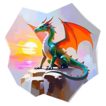A detailed illustration of a mythical creature, specifically a dragon, with shimmering emerald scales and large, majestic wings extended. The dragon has fierce golden eyes that seem to glow with an inner light. Its long, curved horns rise elegantly from its head, adding to its imposing presence. The creature is perched atop a rocky cliff, surrounded by wisps of mist that curl around its feet. In the background, a vibrant sunset casts an array of colors in the sky, enhancing the scene's dramatic atmosphere. The dragon's long tail, adorned with spines, curls gracefully behind it, completing the striking image.