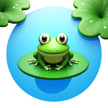A close-up of a green frog sitting on a round lily pad. The lily pad has smooth, vibrant green leaves with drops of water glistening on its surface. The calm waters of the delta reflect the surrounding vegetation and the blue sky above, creating a serene environment. The frog's skin is detailed, showing textures and patterns, and its large eyes are wide open, gazing curiously. The scene captures the peaceful ambiance of nature.