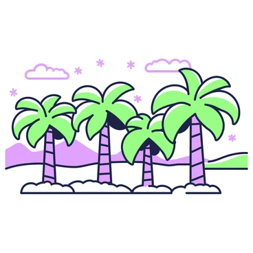 A row of palm trees stands in a winter landscape, their fronds lightly dusted with white snow. The trees sway slightly in a gentle breeze, contrasting with the snowy ground beneath. Small snowflakes can be seen falling softly around, while the sky features fluffy clouds. In the background, there are distant hills that also show a light covering of snow, adding to the unusual winter scene.