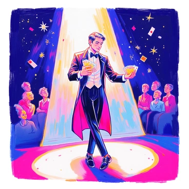 A magician is standing on a stage, illuminated by a bright spotlight. He is wearing a classic black tuxedo with a white shirt and a black bow tie. He holds a deck of cards in one hand, and with a flourish, he is fanning them out for the audience to see. The background is dark to emphasize the magician's presence. Around him, there are shimmering decorations and a hint of smoke to create an air of mystery. The audience is visible in the dim light, captivated by the performance.