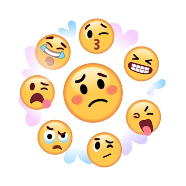 A collection of various emoji faces, each depicting a unique emotion. One emoji features a wide grin with a raised eyebrow, symbolizing happiness. Another emoji displays a furrowed brow and a frown, representing sadness. A third emoji shows an open mouth with wide eyes, conveying surprise. There is also an emoji with a smirk and squinted eyes, indicating mischief. The background consists of gradient pastel colors that enhance the overall cheerful theme of the illustration.