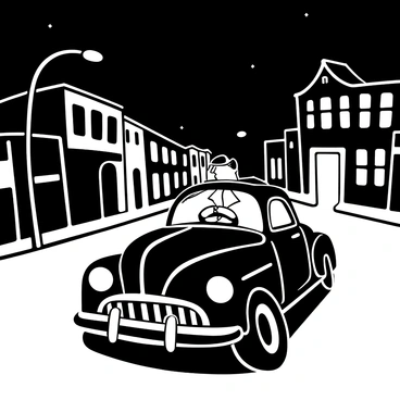 A detective wearing a trench coat is seated in an old vintage car, gripping the steering wheel as he drives down a deserted street. The street is lined with aged buildings, their outlines stark against the night sky. Shadows loom from the streetlights, illuminating patches of the road with soft light. The car has prominent chrome details and round headlights that cut through the darkness. A faint mist hangs in the air, adding a sense of mystery to the scene. There are no other vehicles or people in sight, emphasizing the solitude of the moment.