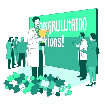 A teal doctor in a white lab coat is standing on a stage receiving a large gold trophy for their contributions to medicine. The doctor has a proud expression and is holding the trophy with both hands. Behind them, there is a backdrop featuring a large "Congratulations!" banner in bold letters. To the side, a group of applauding colleagues, dressed in formal attire, is visible, capturing the celebratory atmosphere of the moment. The stage is decorated with elegant flowers in the foreground, enhancing the sense of achievement.