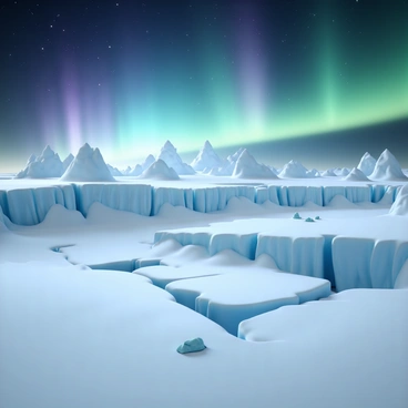 A vast icy landscape covered in snow, featuring massive glaciers with sharp edges and deep crevasses. The scene is illuminated by the "aurora borealis," which fills the sky with vibrant green, blue, and purple hues, casting a mystical glow over the snow-covered ground. In the foreground, small ice formations reflect the colorful lights, while distant mountain peaks rise majestically under the shimmering sky. The overall atmosphere is one of cold beauty and natural wonder.