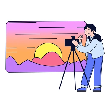 A photographer adjusting the tripod height while capturing a sunset scene