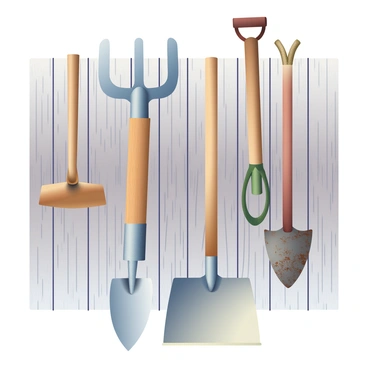 A collection of traditional farming tools is arranged neatly on a rustic barn wall. Various wooden handles of shovels and rakes can be seen, each with distinct textures and finishes. A metal pitchfork with three prongs hangs prominently, its metallic sheen reflecting light. Nearby, an old wooden hoe with a worn blade is positioned next to a scythe with a curved edge that is slightly rusted. In the background, the barn wood is aged and weathered, showcasing shades of brown and gray, enhancing the vintage look of the farming tools.