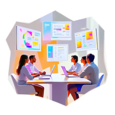 A virtual meeting setup featuring multiple floating screens suspended in mid-air. Each screen displays a different task, with vibrant graphics and text indicating various project details and deadlines. The foreground includes a diverse group of people, with a mix of light and dark skin tones, attentively engaging in the discussion. They are seated around a modern, sleek conference table, with expressions of concentration and focus. A futuristic, bright ambiance enhances the technological theme of the meeting.