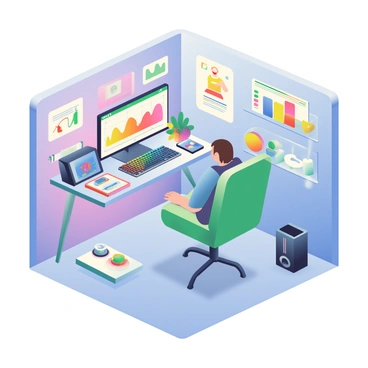 A tech-savvy room is illustrated in an isometric view, showcasing a variety of gadgets spread throughout the space. In one corner, a sleek computer setup features a large monitor displaying colorful graphs and a mechanical keyboard with RGB lighting. To the left, a futuristic-looking desk is cluttered with multiple devices, including a tablet, a smart speaker, and a wireless charging pad with a smartphone. The walls are adorned with posters of technological innovations and abstract designs. A comfortable gaming chair is positioned in front of the desk, and ambient LED lights are installed along the edges of the room, creating a vibrant atmosphere. A glass shelf holds several collectibles, including a miniature drone and a set of wireless earbuds.