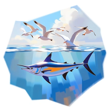 A marlin with a streamlined body and sharp bill is swimming just below the ocean's surface, creating gentle ripples in the water. Its vibrant blue and silver scales shimmer as it glides gracefully through the clear sea. Above, several seagulls are flying, their white feathers contrasting against the blue sky. The seagulls are in different poses, some gliding effortlessly on the wind while others are diving down toward the water, creating a lively dynamic in the scene. The sunlight filters through the surface, illuminating the marlin and adding depth to the underwater view.