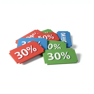 A handful of colorful discount tickets spread out on a flat surface. Each ticket features vibrant colors including red, blue, and green, with bold, contrasting percentage signs printed prominently in white. The tickets have a glossy finish and display various discount amounts, such as "20% off," "30% off," and "50% off." Some tickets are slightly overlapping, creating a layered effect, while others are fanned out to showcase their designs.