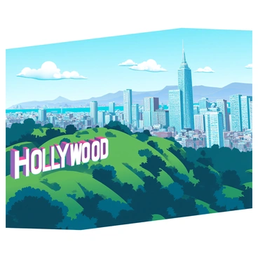 A panoramic view of the "Hollywood" sign perched on the hills. The sign is large and bold, with bright white letters standing out against the surrounding greenery. In the background, the city skyline stretches across the horizon, showcasing tall buildings of varying designs, including modern glass skyscrapers and classic architecture. The sky is clear with a few fluffy clouds scattered, allowing sunlight to illuminate the scene, casting soft shadows on the hills and the city below.